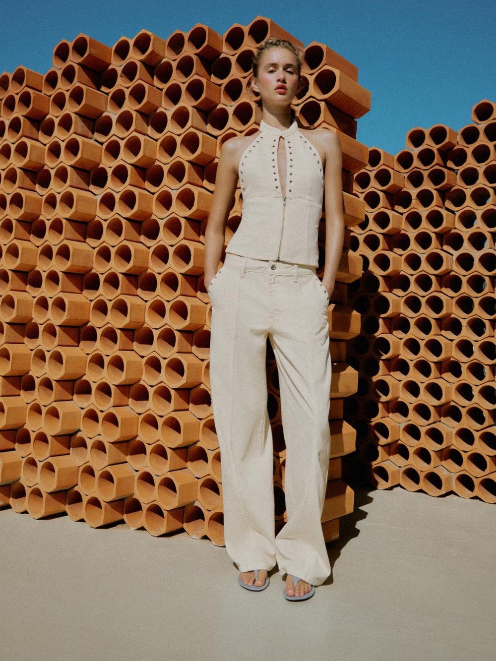 Zara Cream Wide-Leg High-Rise Pants